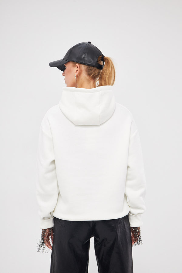 Kapüşonlu İçi Polar Taş Baskılı Beyaz Oversize Hoodie Sweatshirt