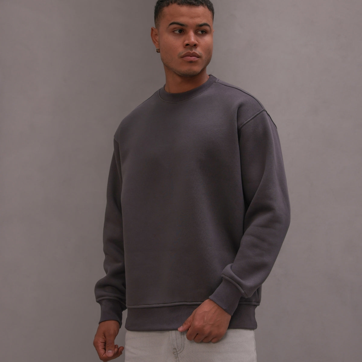 Erkek Oversize Sweatshirt Basic Füme – Bisiklet Yaka, 3 İplik Şardonlu Polar