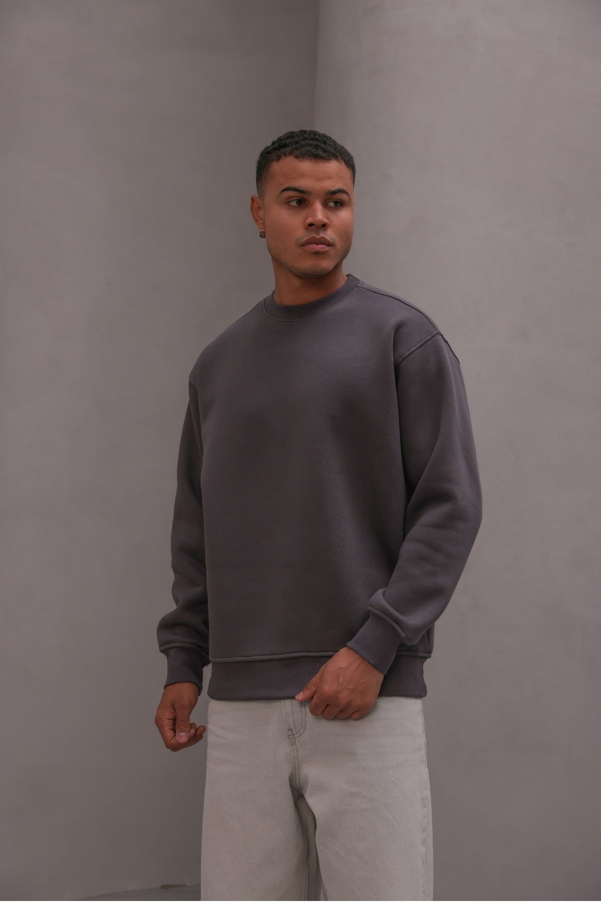 Erkek Oversize Sweatshirt Basic Füme – Bisiklet Yaka, 3 İplik Şardonlu Polar