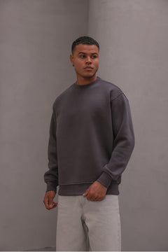 Erkek Oversize Sweatshirt Basic Füme – Bisiklet Yaka, 3 İplik Şardonlu Polar