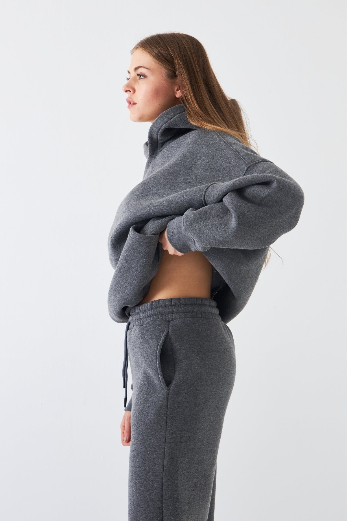 Oversize Unisex Eşofman Takımı Füme Melanj – Basic, 3 İplik Polar; Kapüşonlu Üst, Lastikli Alt