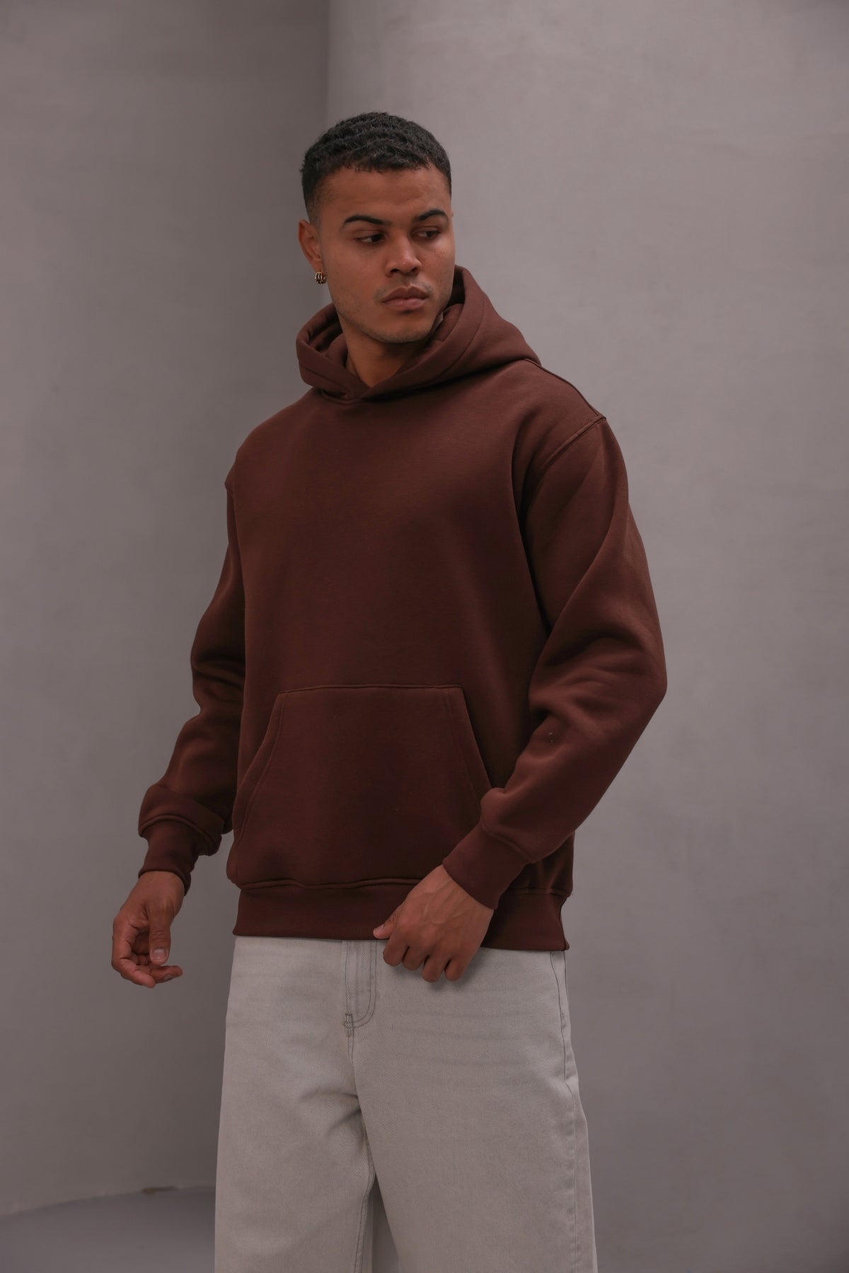 Erkek Oversize Sweatshirt Hoodie Basic Kahverengi – Kapüşonlu, 3 İplik , Kanguru Cepli