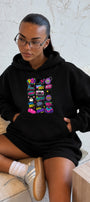 Kadın Oversize Hoodie Sweatshirt 90s Pop Patch Baskılı Siyah – Kapüşonlu, Kanguru Cepli, 3 İplik