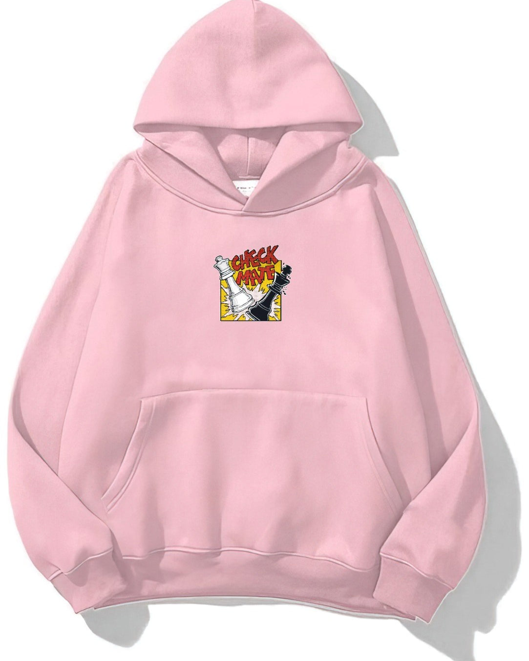 Kapüşonlu İçi Polar Satranç Cartoon Baskılı Pembe Unisex Oversize Hoodie Sweatshirt