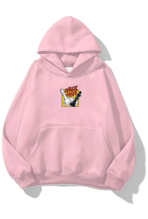 Kapüşonlu İçi Polar Satranç Cartoon Baskılı Pembe Unisex Oversize Hoodie Sweatshirt