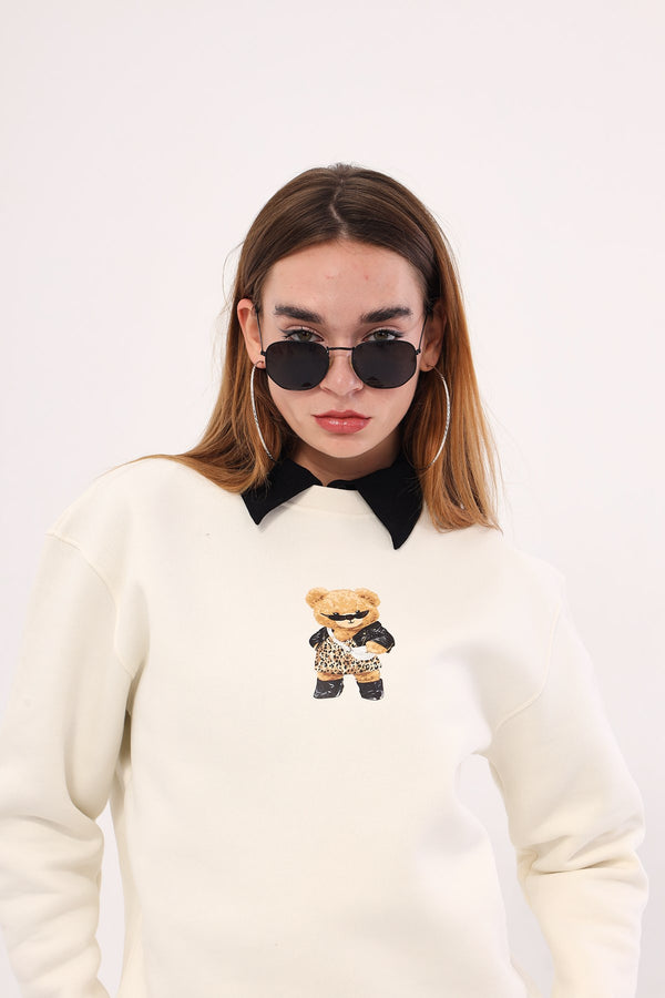 Bisiklet Yaka İçi Polar Teddy Bear Leopar Baskılı Beyaz Unisex Sweatshirt