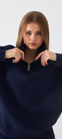 Unisex Oversize Sweatshirt Basic Lacivert – Yarım Fermuar Dik Yaka, 3 İplik Şardonlu Polar