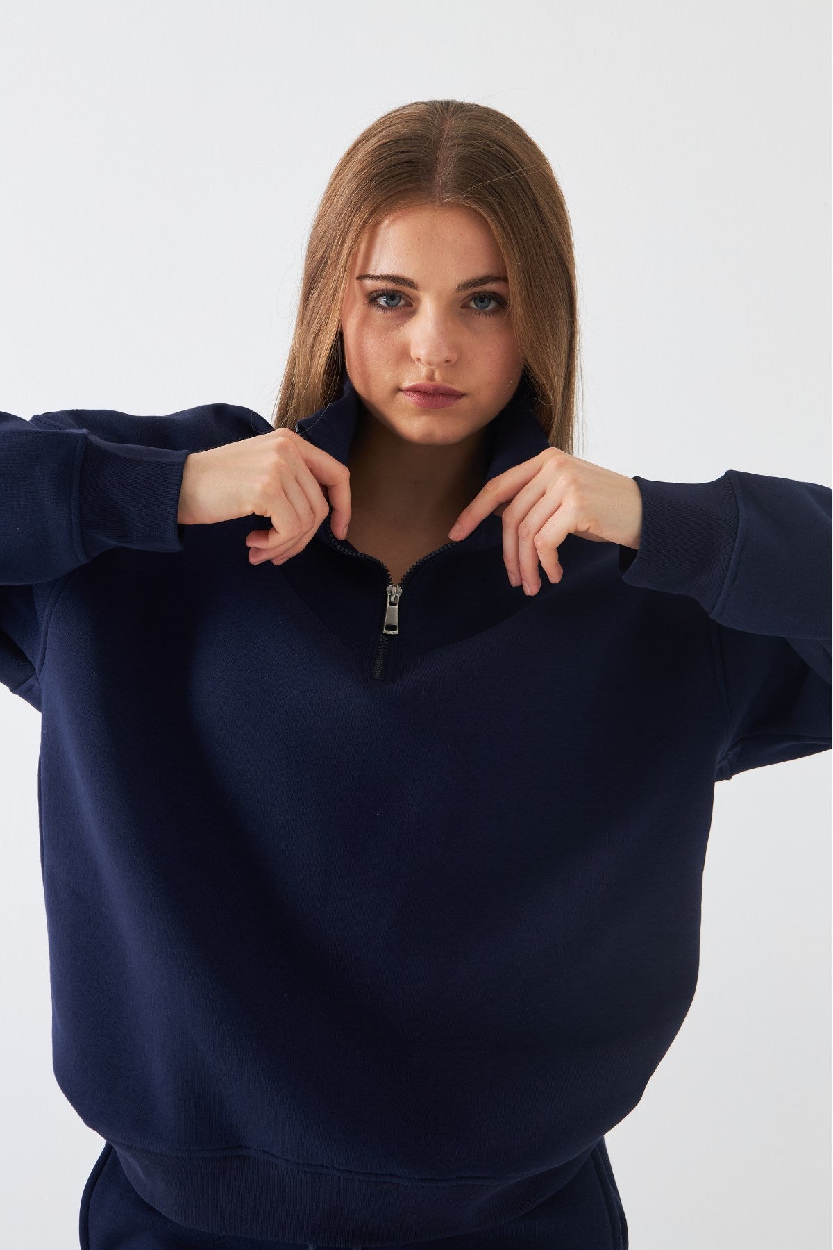 Unisex Oversize Sweatshirt Basic Lacivert – Yarım Fermuar Dik Yaka, 3 İplik Şardonlu Polar