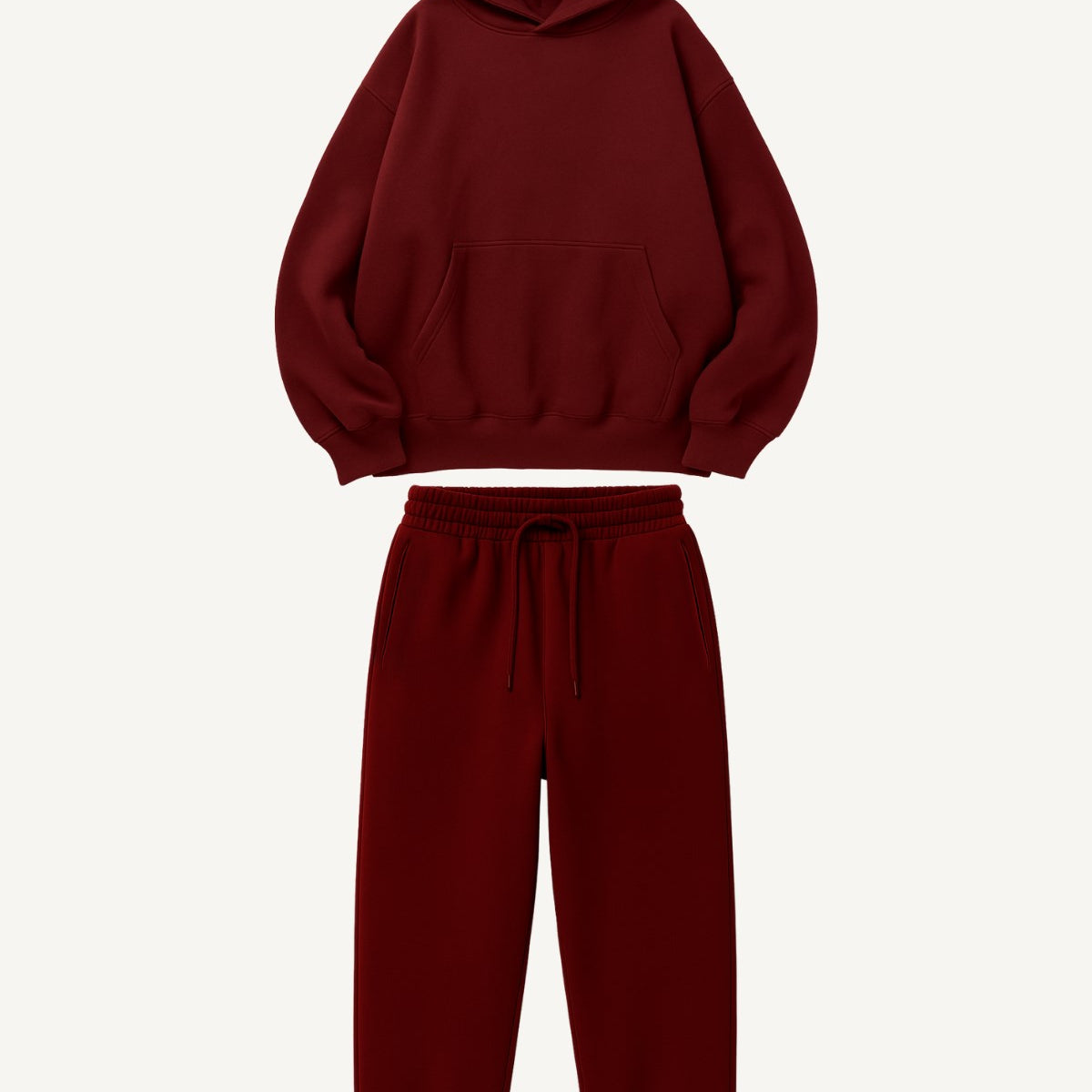  Oversize Unisex Eşofman Takımı Bordo – Basic, 3 İplik Şardonlu Polar; Kapüşonlu Üst, Lastikli Alt