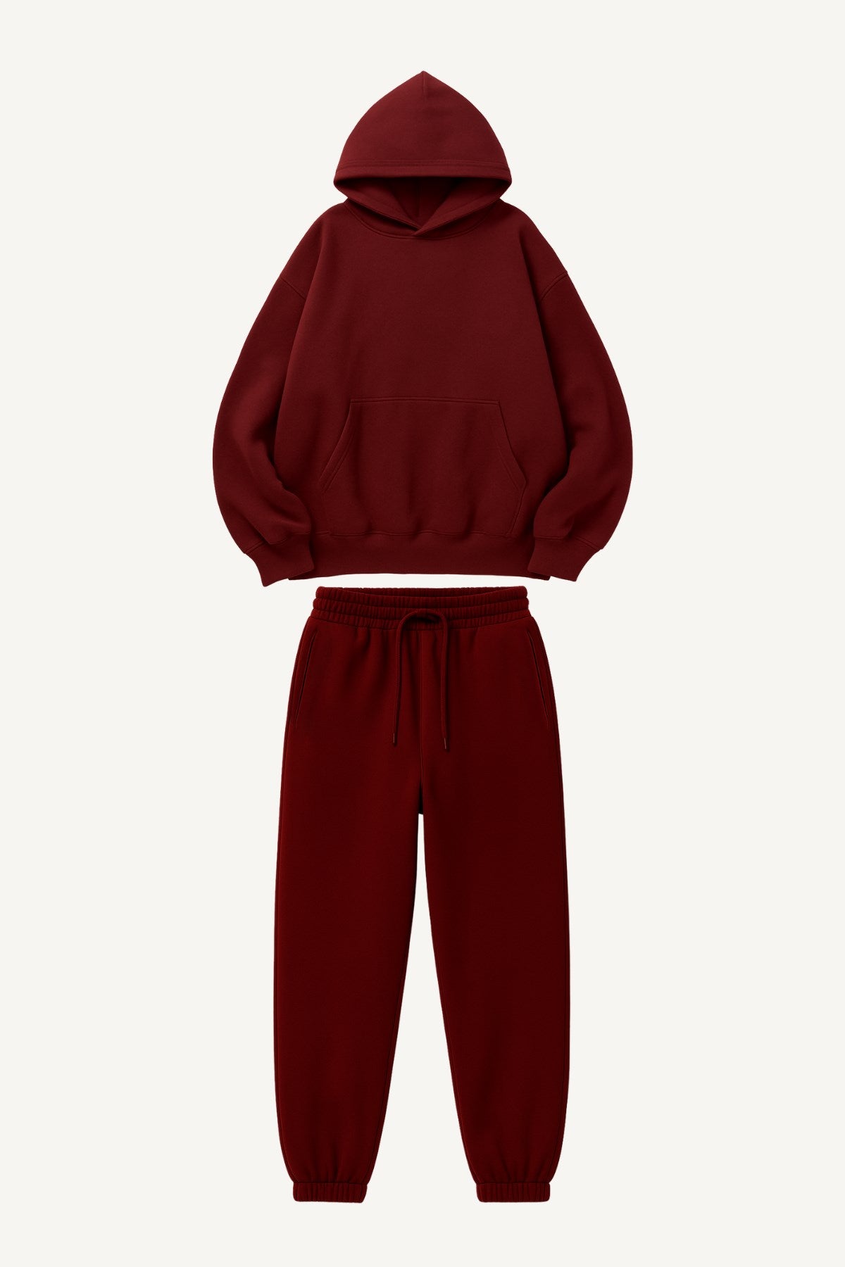  Oversize Unisex Eşofman Takımı Bordo – Basic, 3 İplik Şardonlu Polar; Kapüşonlu Üst, Lastikli Alt