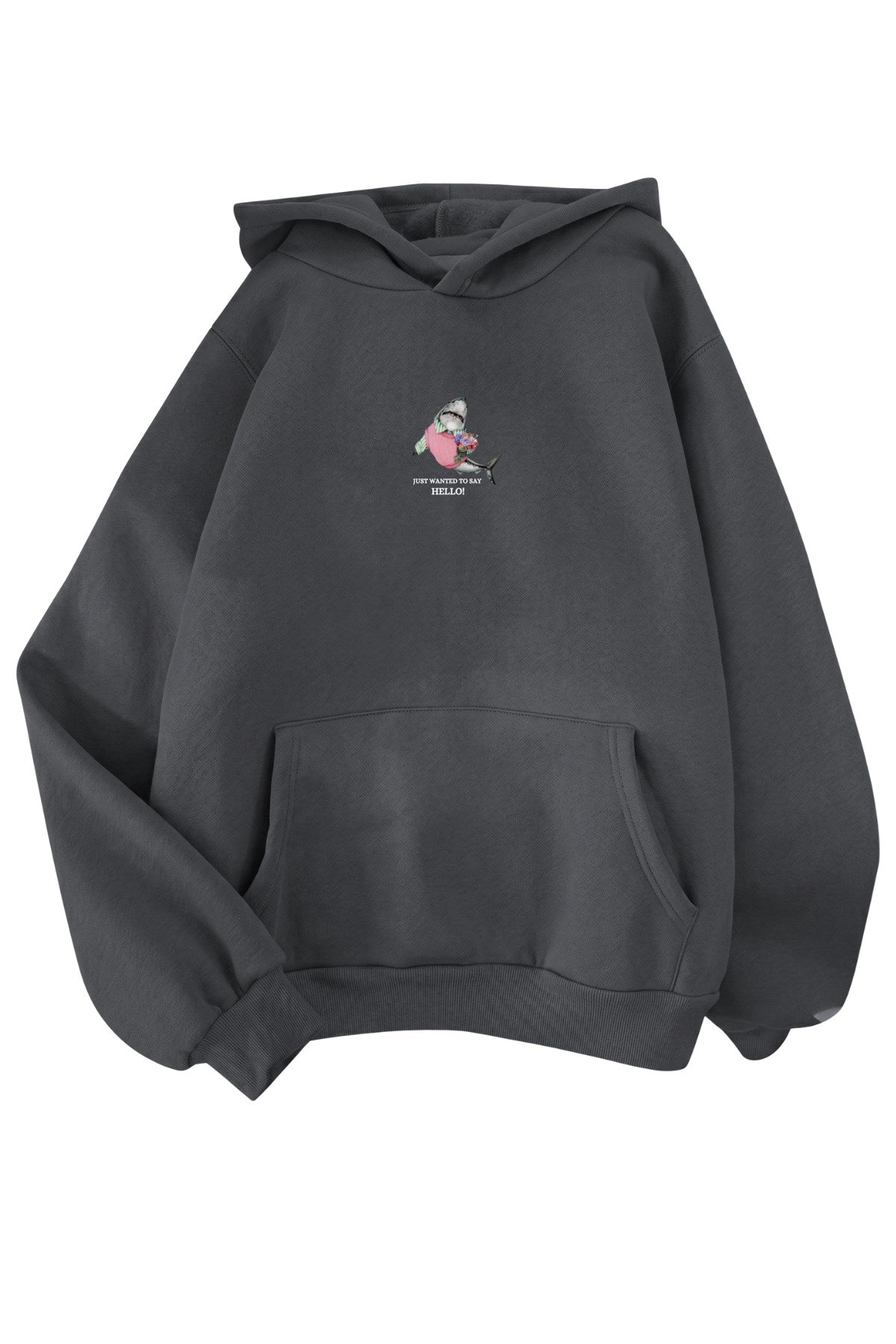 Erkek Oversize Sweatshirt Hoodie Shark Hello Füme – Kapüşonlu, 3 İplik Polar, Kanguru Cepli