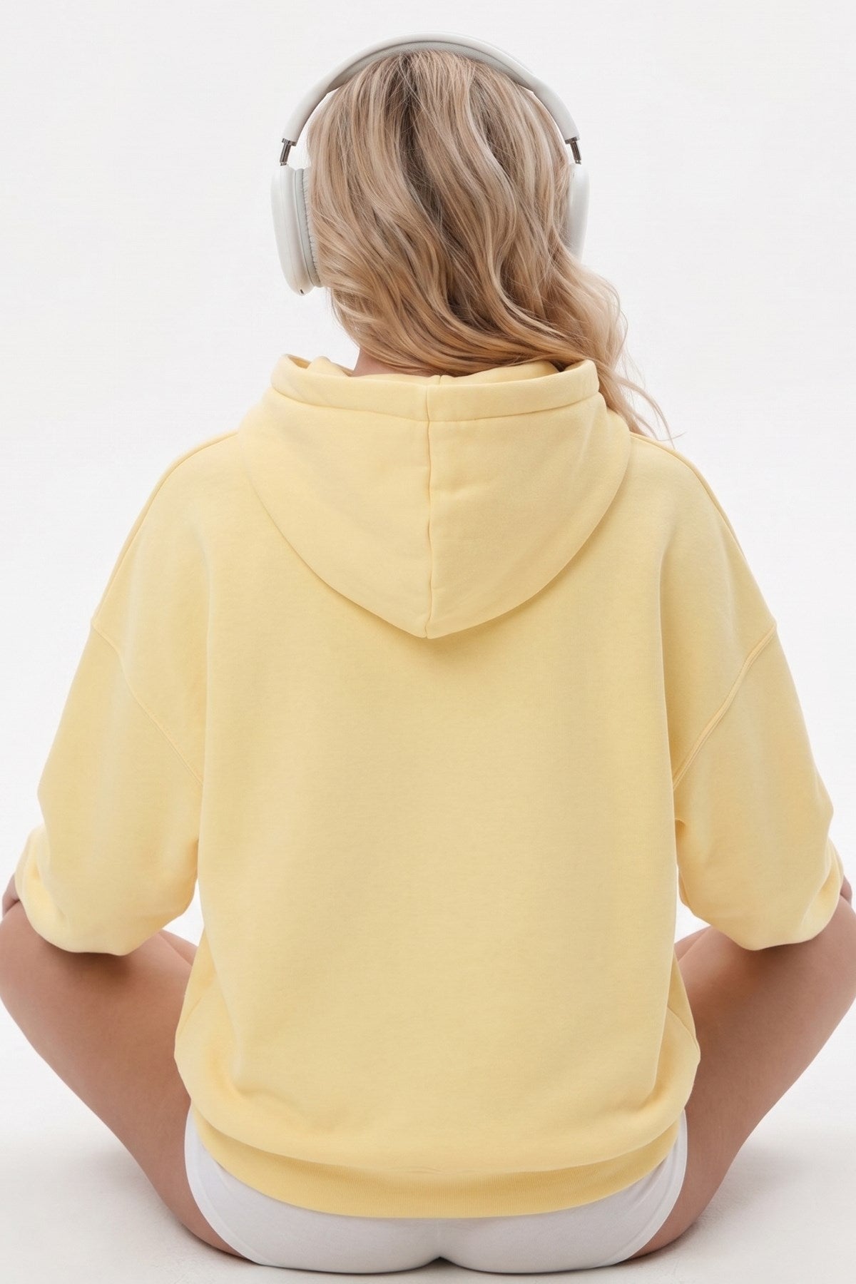 Kadın Oversize Hoodie Pink Kitty Club Baskılı Sarı - Kapüşonlu, Cepli, 3 İplik Polar