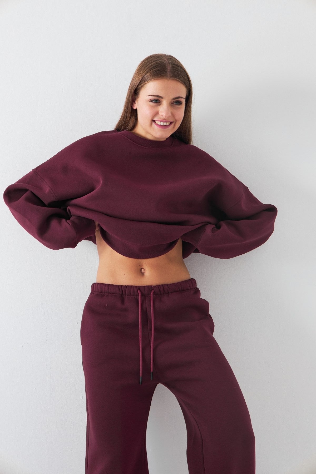 Unisex Oversize Sweatshirt Basic Bordo – Bisiklet Yaka, 3 İplik Şardonlu Polar