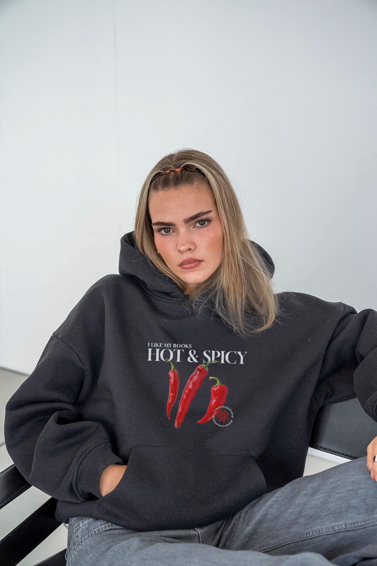 Kadın Oversize Sweatshirt Hoodie Hot & Spicy Baskılı Füme – Kapüşonlu, 3 İplik Şardonlu Polar