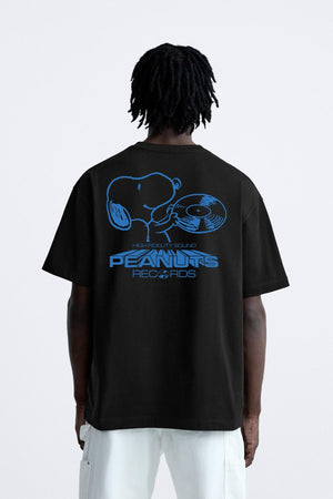 Bisiklet Yaka Peanuts Records Baskılı Oversize Erkek T-shirt