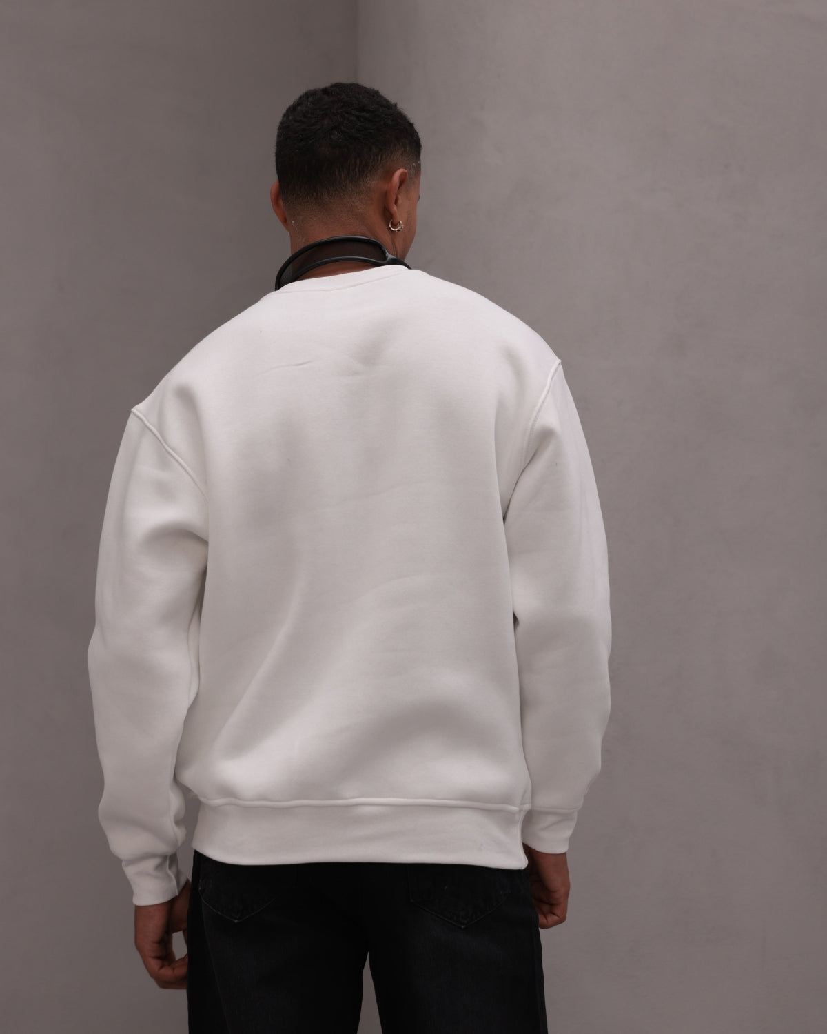 Erkek Oversize Sweatshirt Basic Beyaz – Bisiklet Yaka, 3 İplik Şardonlu Polar