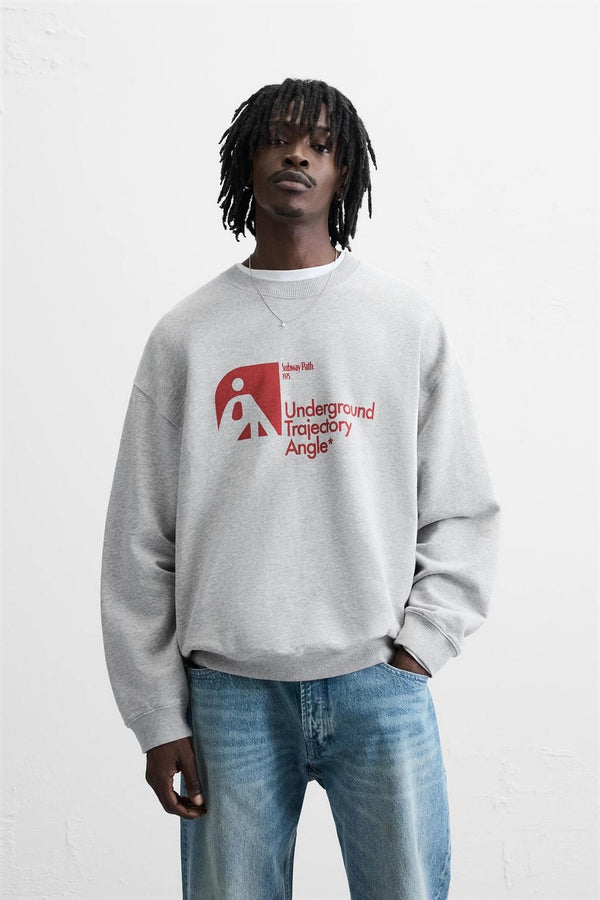 Gri Melanj Underground Trajectory Angle Yazılı Bisiklet Yaka Oversize Sweatshirt