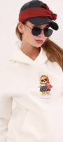Beyaz Kapüşonlu Puantiyeli Ayıcık Baskılı Oversize Unisex Sweatshirt