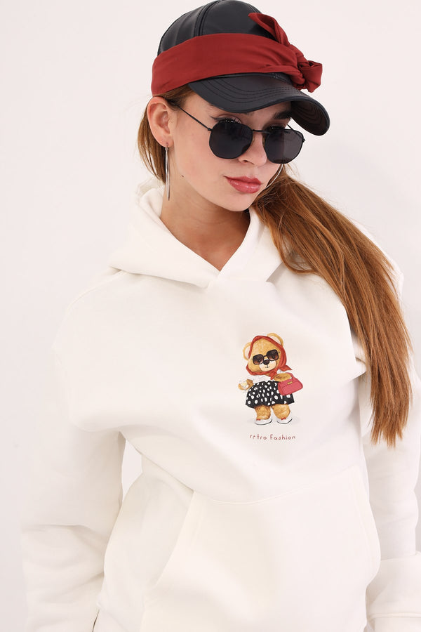 Beyaz Kapüşonlu Puantiyeli Ayıcık Baskılı Oversize Unisex Sweatshirt