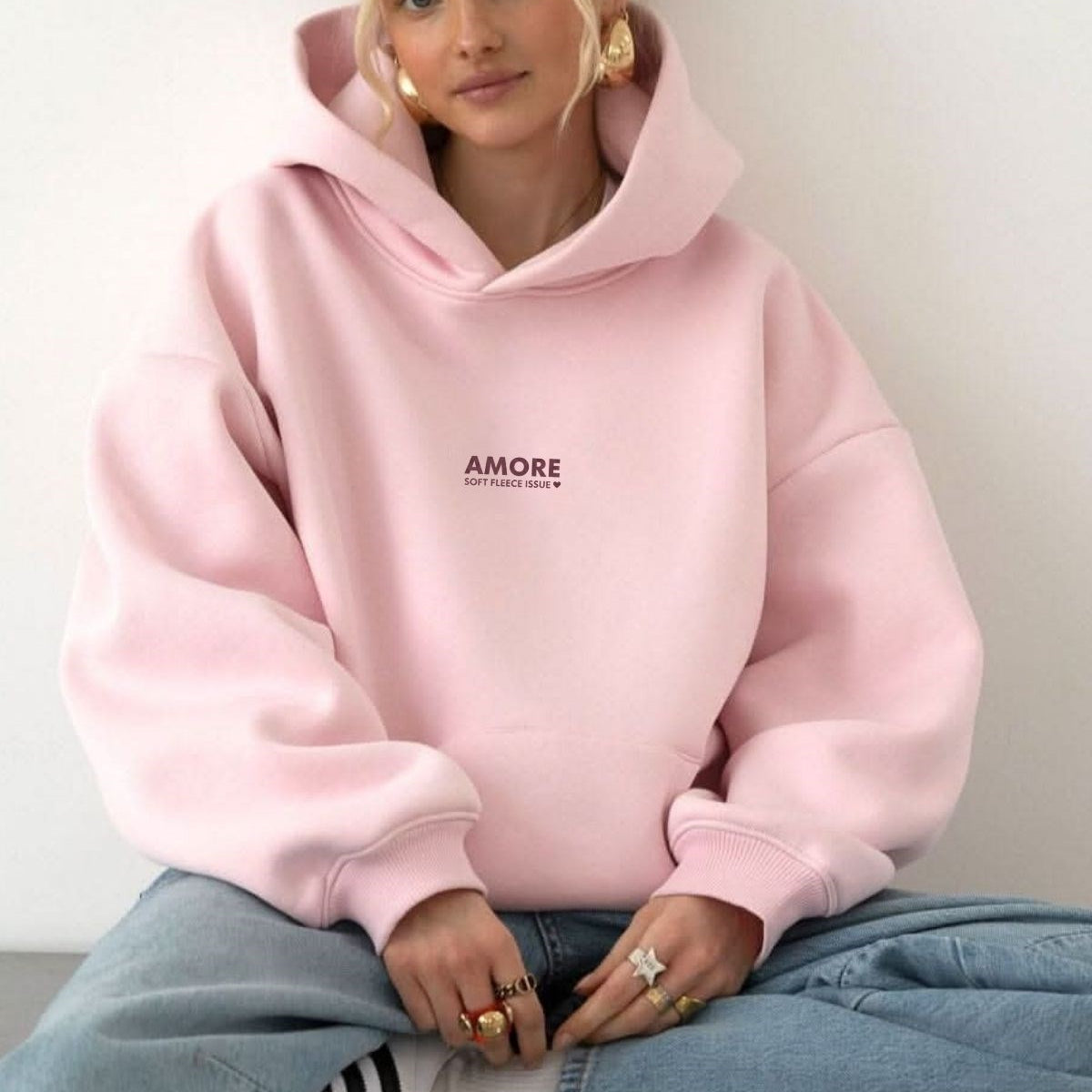 Kadın Oversize Sweatshirt Hoodie AMORE Pembe – Kapüşonlu, 3 İplik Polar, Kanguru Cepli