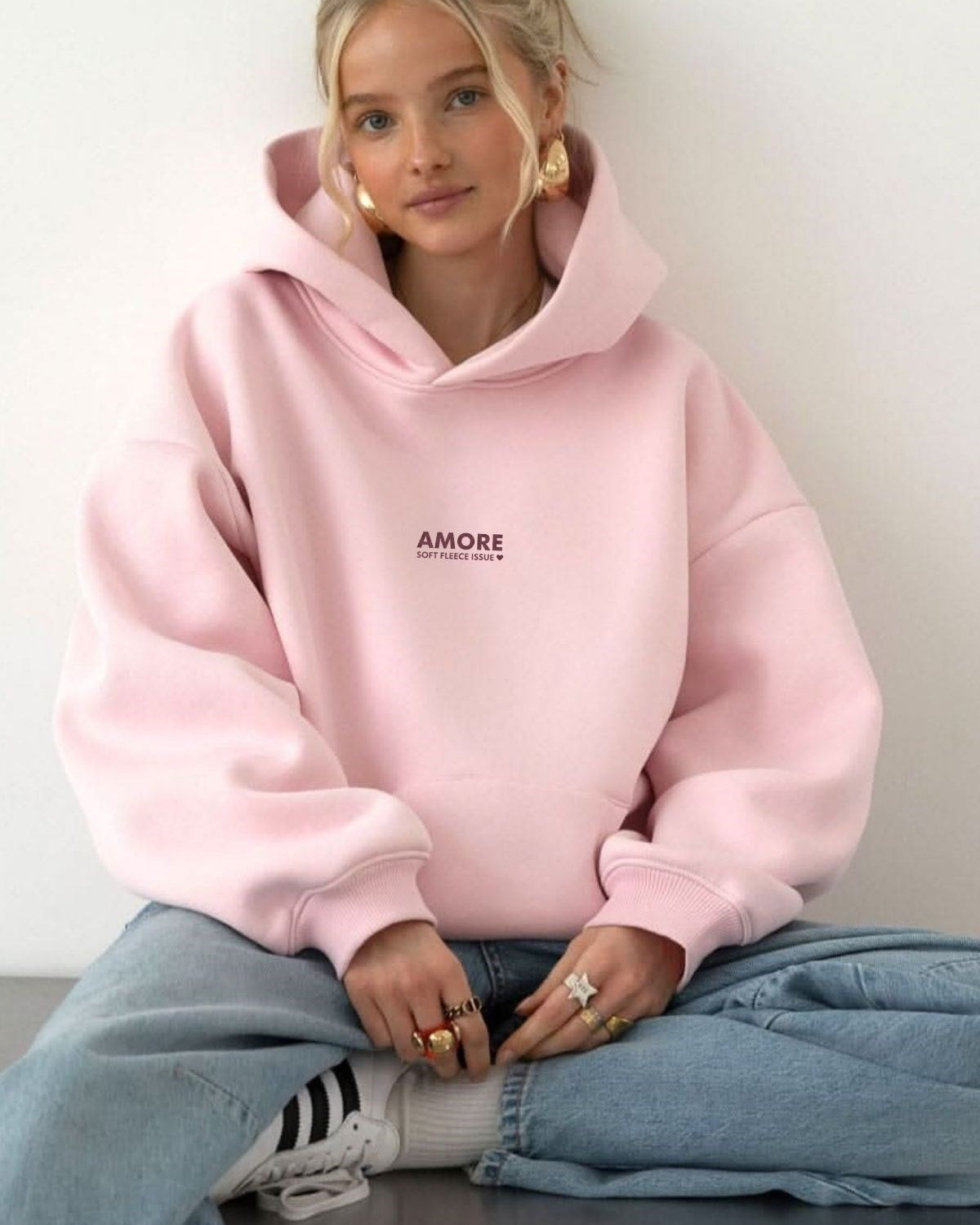 Kadın Oversize Sweatshirt Hoodie AMORE Pembe – Kapüşonlu, 3 İplik Polar, Kanguru Cepli