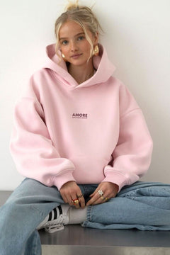 Kadın Oversize Sweatshirt Hoodie AMORE Pembe – Kapüşonlu, 3 İplik Polar, Kanguru Cepli