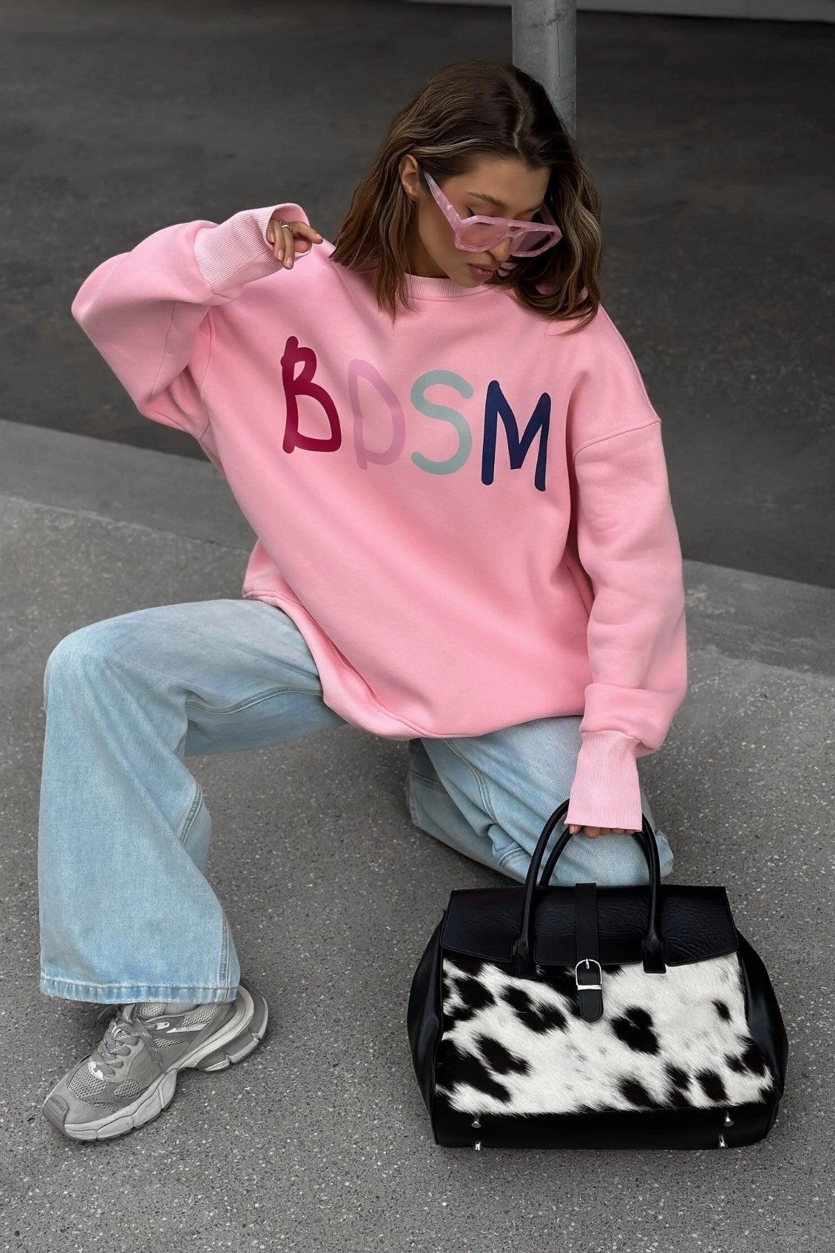 Kadın Oversize Sweatshirt Elbise Color Pop Baskılı Pembe – Bisiklet Yaka, 3 İplik Şardonlu Polar