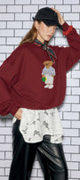 Kadın Oversize Sweatshirt City Club Bear Baskılı Bordo – Bisiklet Yaka, 3 İplik Şardonlu Polar