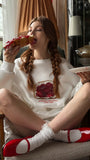 Kadın Oversize Sweatshirt Elbise  Bakery Reçelli Tost Baskılı Beyaz – Bisiklet Yaka, 3 İplik Polar