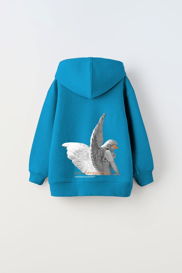 Kapüşonlu İçi Polar Art Work Heykel Baskılı Mavi Unisex Çocuk Hoodie Sweatshirt