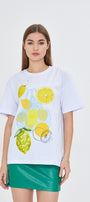 Kadın Limon Baskılı Lila Oversize Yazlık Tişört Squeeze The Day Beyaz