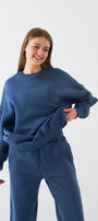 Unisex Oversize Sweatshirt Basic Marine – Bisiklet Yaka, 3 İplik Şardonlu Polar