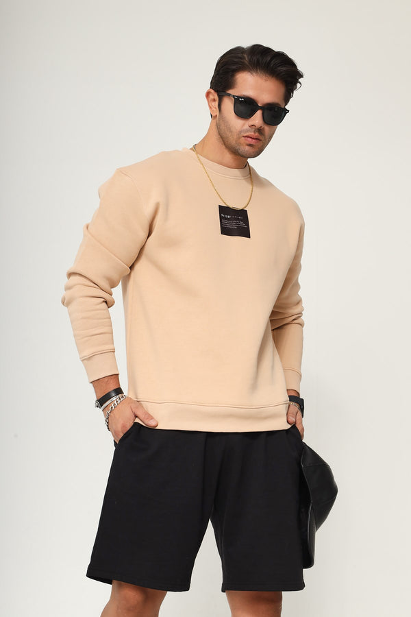 Bisiklet Yaka İçi Polar Syzygy Yazı Baskılı Bej Oversize Sweatshirt