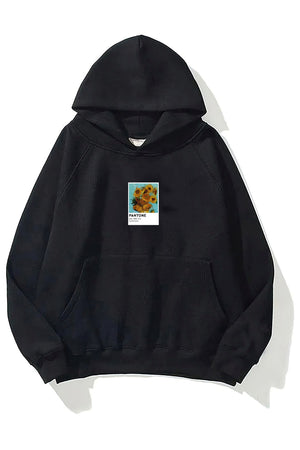 Kapüşonlu İçi Polar Sunflowers Baskılı Siyah Unisex Oversize Hoodie Sweatshirt