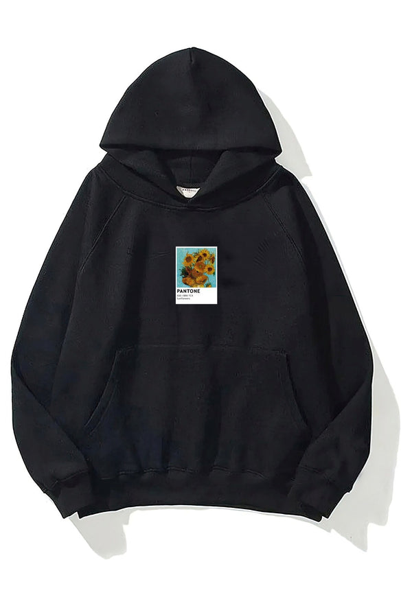 Kapüşonlu İçi Polar Sunflowers Baskılı Siyah Unisex Oversize Hoodie Sweatshirt