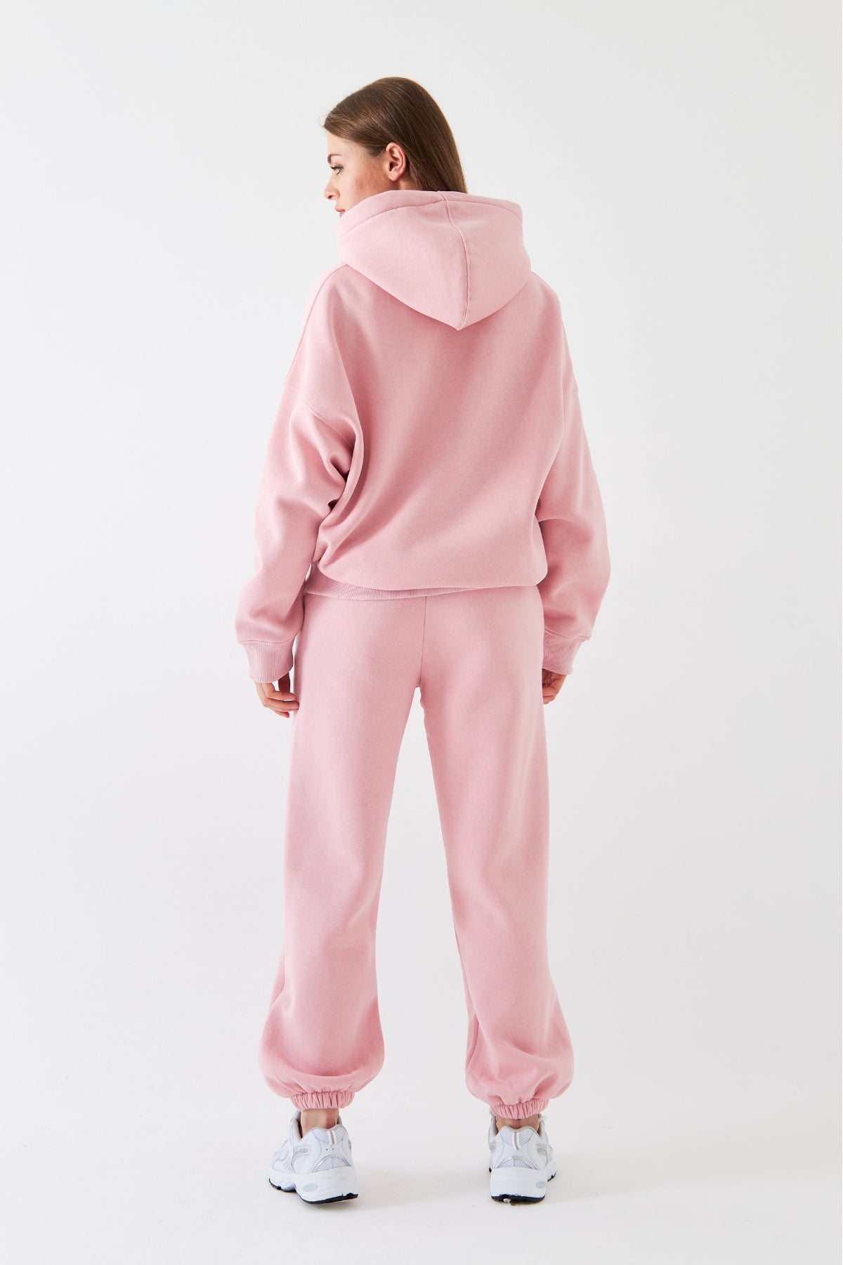 Oversize Unisex Eşofman Takımı Pembe – Basic, 3 İplik Şardonlu Polar; Kapüşonlu Üst, Lastikli Alt