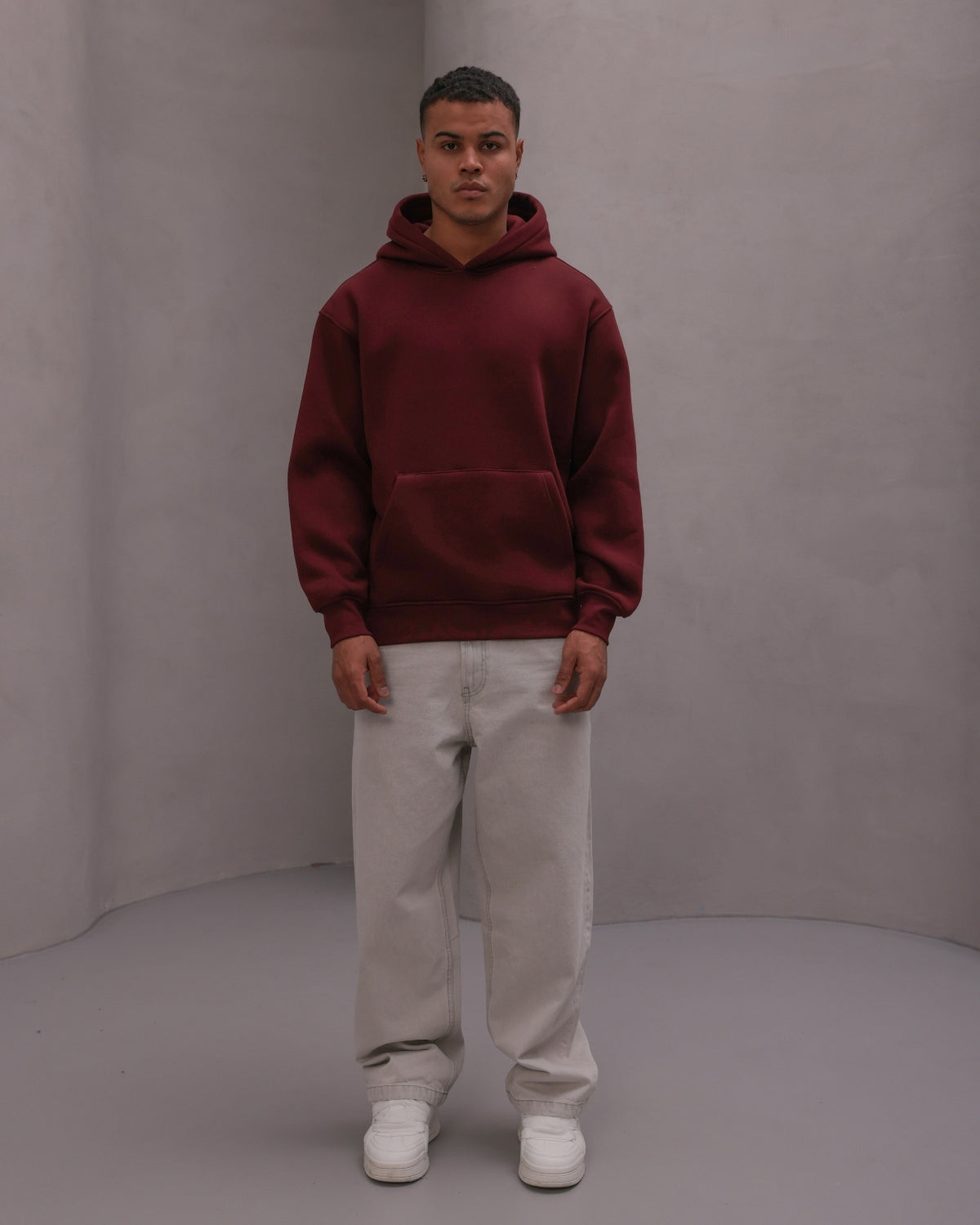 Erkek Oversize Sweatshirt Hoodie Basic Bordo – Kapüşonlu, 3 İplik Polar, Kanguru Cepli