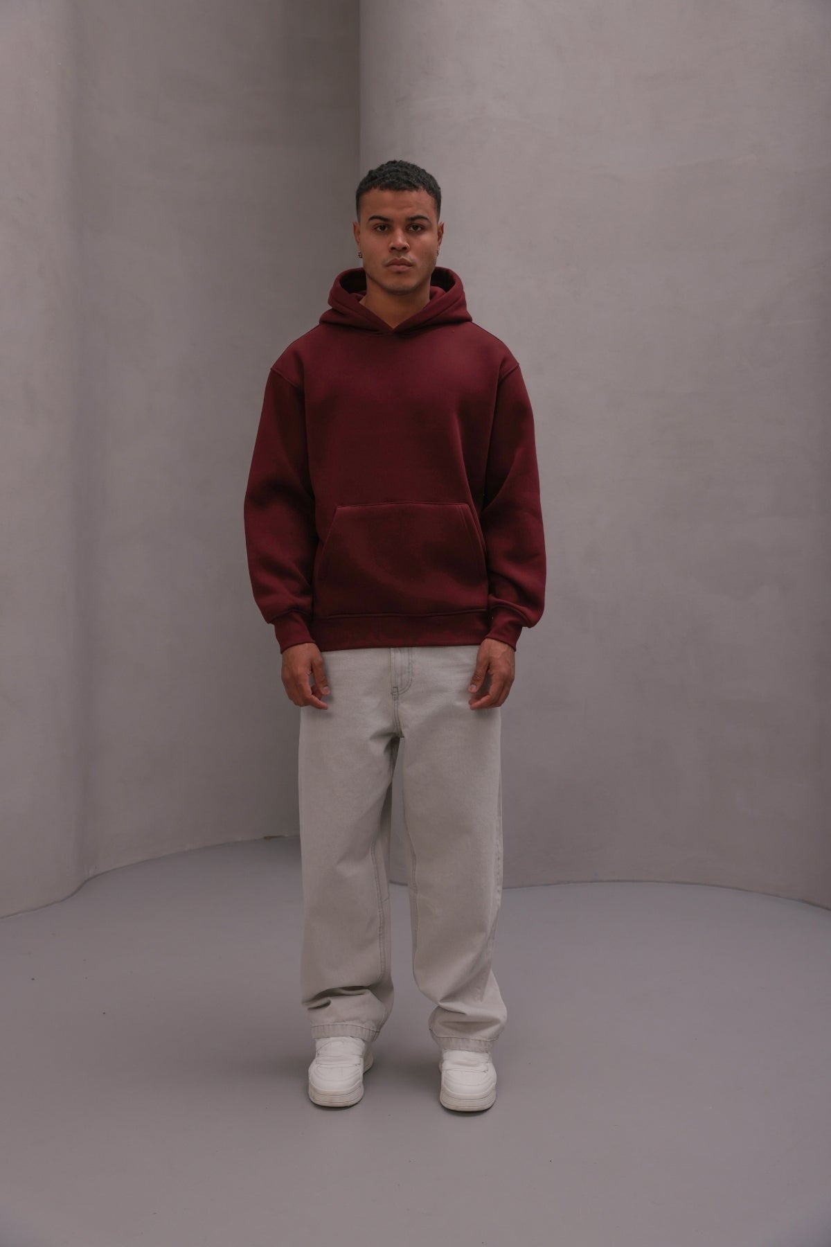 Erkek Oversize Sweatshirt Hoodie Basic Bordo – Kapüşonlu, 3 İplik Polar, Kanguru Cepli