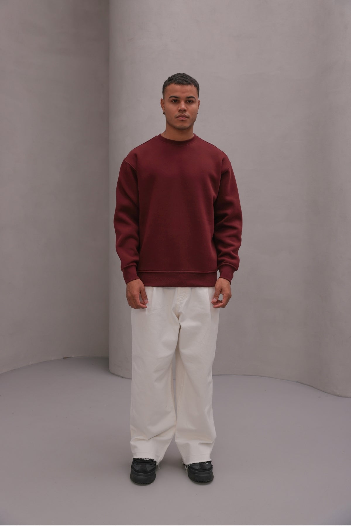 Erkek Oversize Sweatshirt Basic Bordo – Bisiklet Yaka, 3 İplik Şardonlu Polar