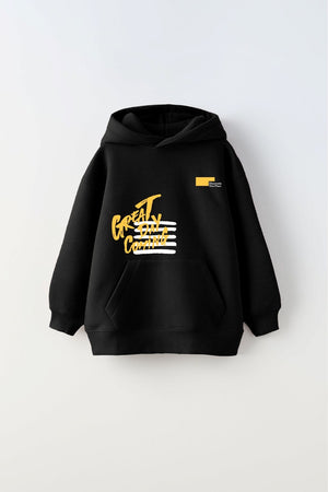 Kapüşonlu İçi Polar Great Day Coming Yazı Baskılı Siyah Unisex Çocuk Hoodie Sweatshirt