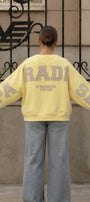 Kadın Oversize Sweatshirt Paradise Varsity Kabartma Baskılı Sarı – Bisiklet Yaka, 3 İplik Şardonlu Polar