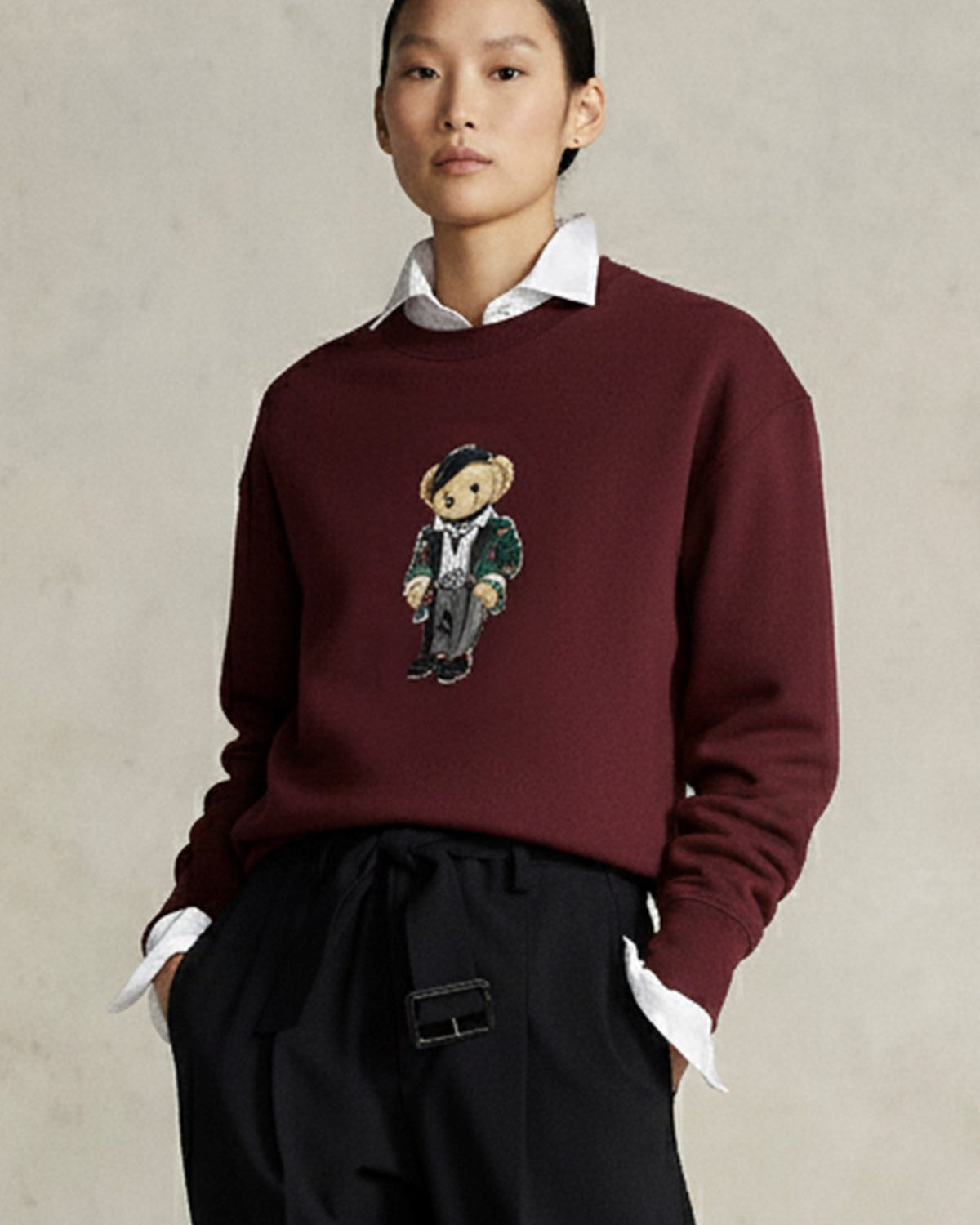 Kadın Oversize Sweatshirt Parisian Bear Baskılı Bordo – Bisiklet Yaka, 3 İplik Şardonlu 