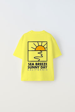 Sea Breeze Sunny Day California Yazılı Güneş Tasarım Baskılı Sarı Çocuk T-Shirt