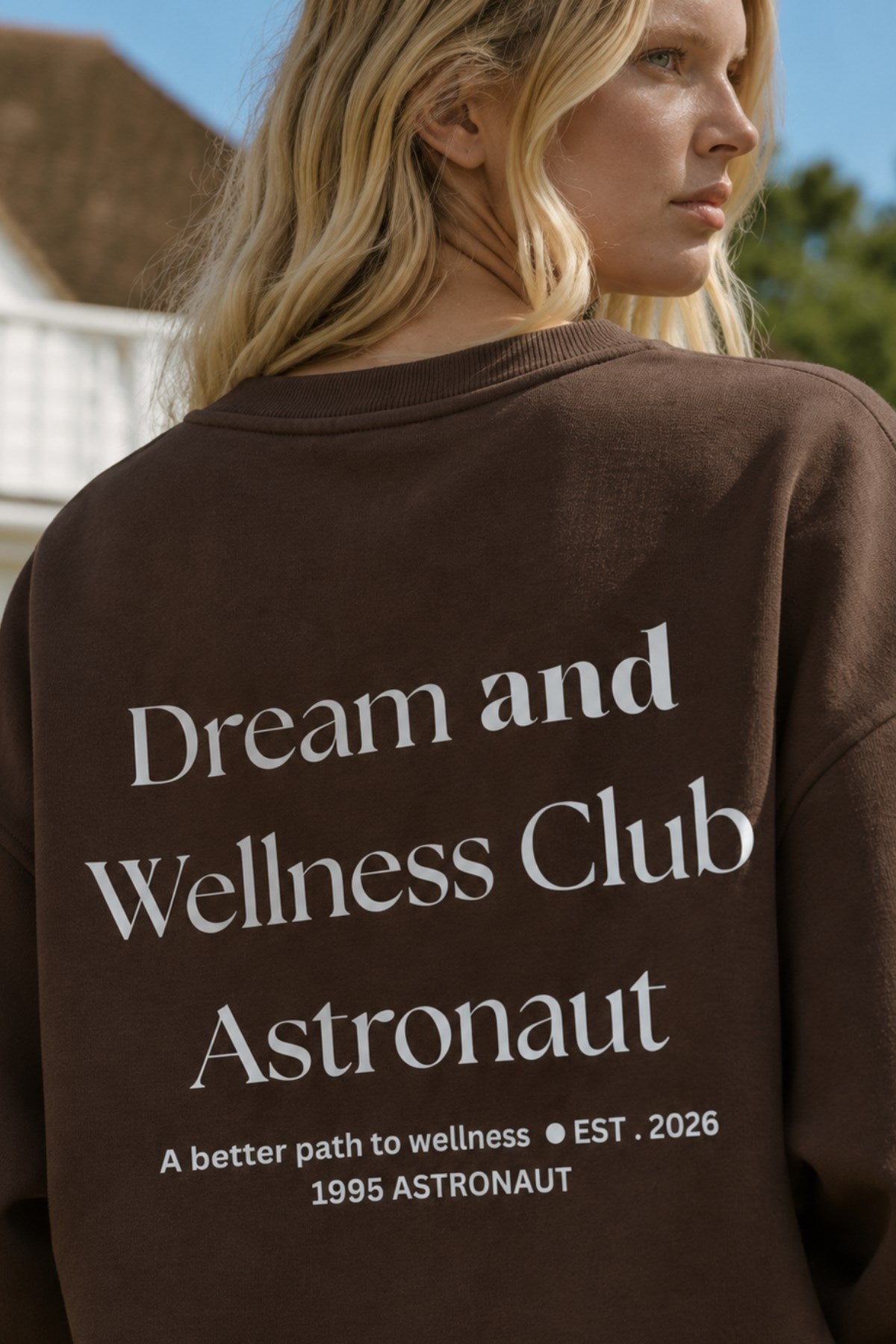 Kadın Oversize Sweatshirt Wellness Baskılı Kahverengi – Bisiklet Yaka, 3 İplik Şardonlu Polar