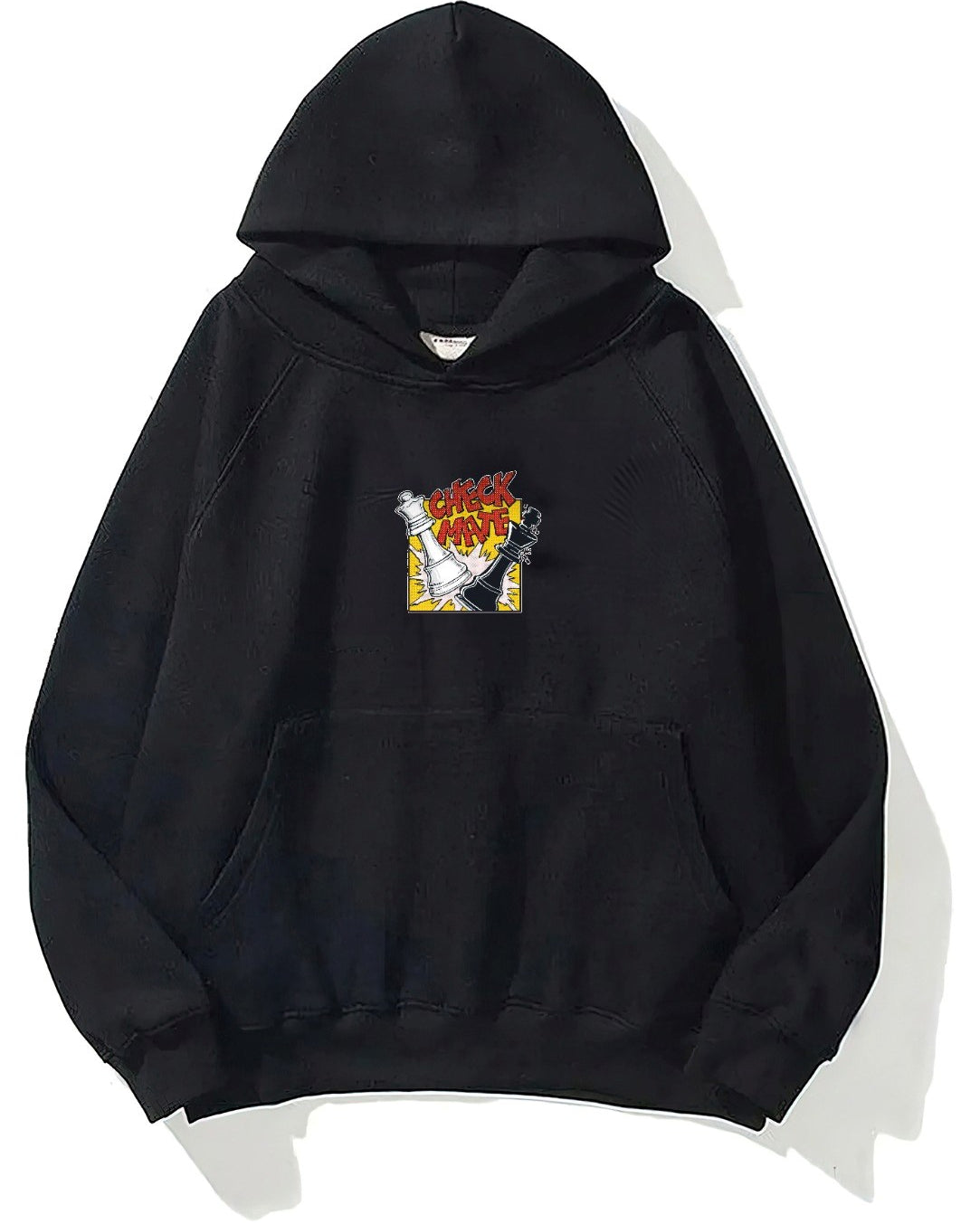 Kapüşonlu İçi Polar Satranç Cartoon Baskılı Siyah Unisex Oversize Hoodie Sweatshirt