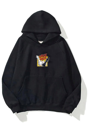 Kapüşonlu İçi Polar Satranç Cartoon Baskılı Siyah Unisex Oversize Hoodie Sweatshirt