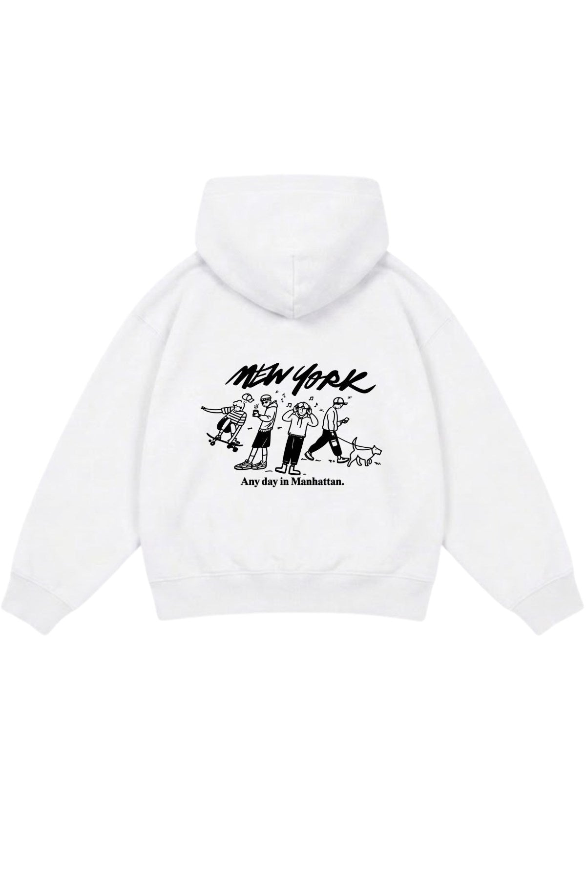 Erkek Çocuk Oversize Hoodie Sweatshirt DAY IN NYC Baskılı Beyaz – Kapüşonlu, Cepli, 3 İplik Polar