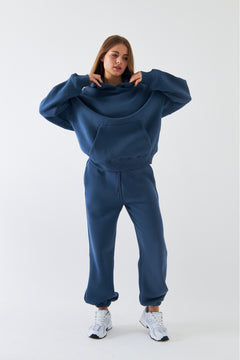 Oversize Unisex Eşofman Takımı Marine – Basic, 3 İplik Şardonlu Polar; Kapüşonlu Üst, Lastikli Alt
