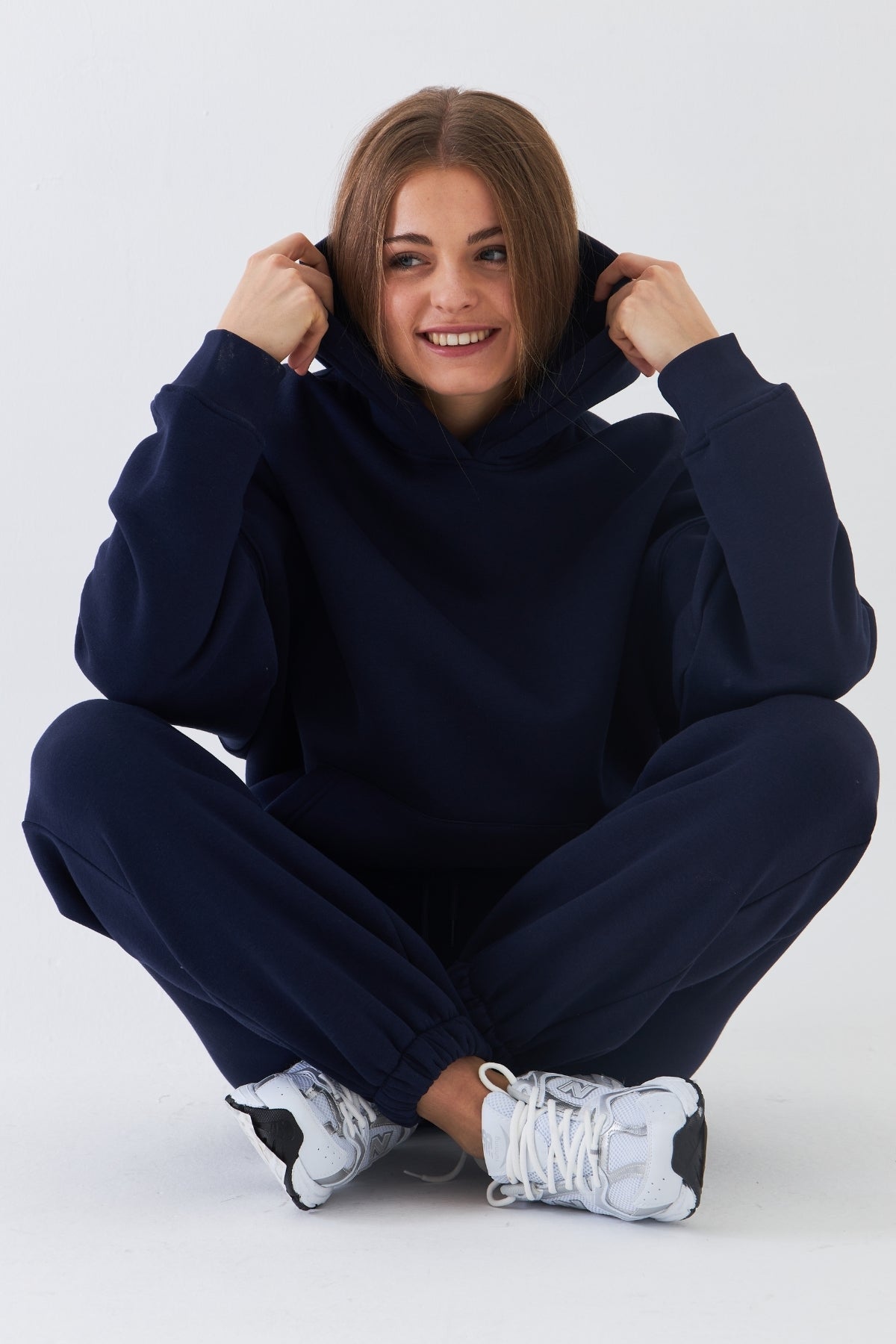 Oversize Unisex Eşofman Takımı Lacivert – Basic, 3 İplik Polar; Kapüşonlu Üst, Lastikli Alt