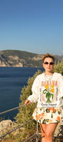Kadın Oversize Sweatshirt Banana Tropical Baskılı Beyaz – Bisiklet Yaka, 3 İplik Şardonlu Polar